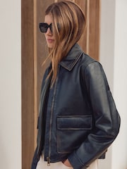 কালো - Real Leather Center Front Zip Jacket - 9এর মধ্যে 1 ছবি