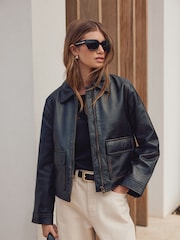 কালো - Real Leather Center Front Zip Jacket - 9এর মধ্যে 2 ছবি