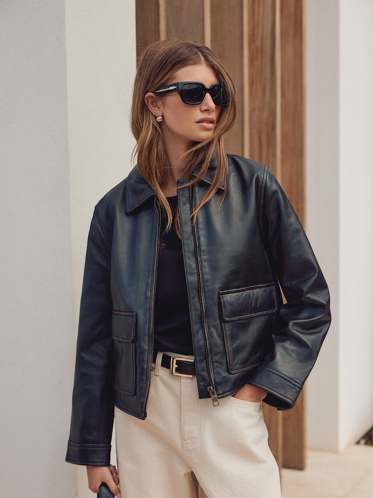 কালো - Real Leather Center Front Zip Jacket - 9এর মধ্যে 2 ছবি