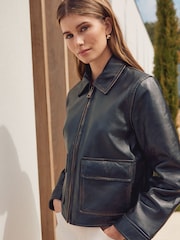 কালো - Real Leather Center Front Zip Jacket - 9এর মধ্যে 3 ছবি