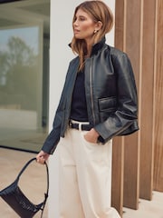 কালো - Real Leather Center Front Zip Jacket - 9এর মধ্যে 4 ছবি