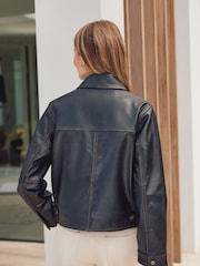কালো - Real Leather Center Front Zip Jacket - 9এর মধ্যে 5 ছবি