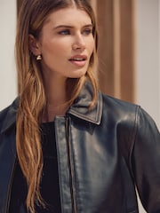 কালো - Real Leather Center Front Zip Jacket - 9এর মধ্যে 6 ছবি
