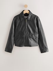 কালো - Real Leather Center Front Zip Jacket - 9এর মধ্যে 7 ছবি