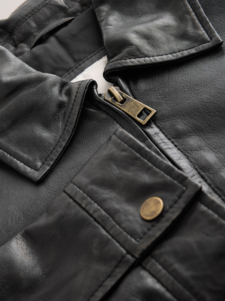 কালো - Real Leather Center Front Zip Jacket - 9এর মধ্যে 9 ছবি