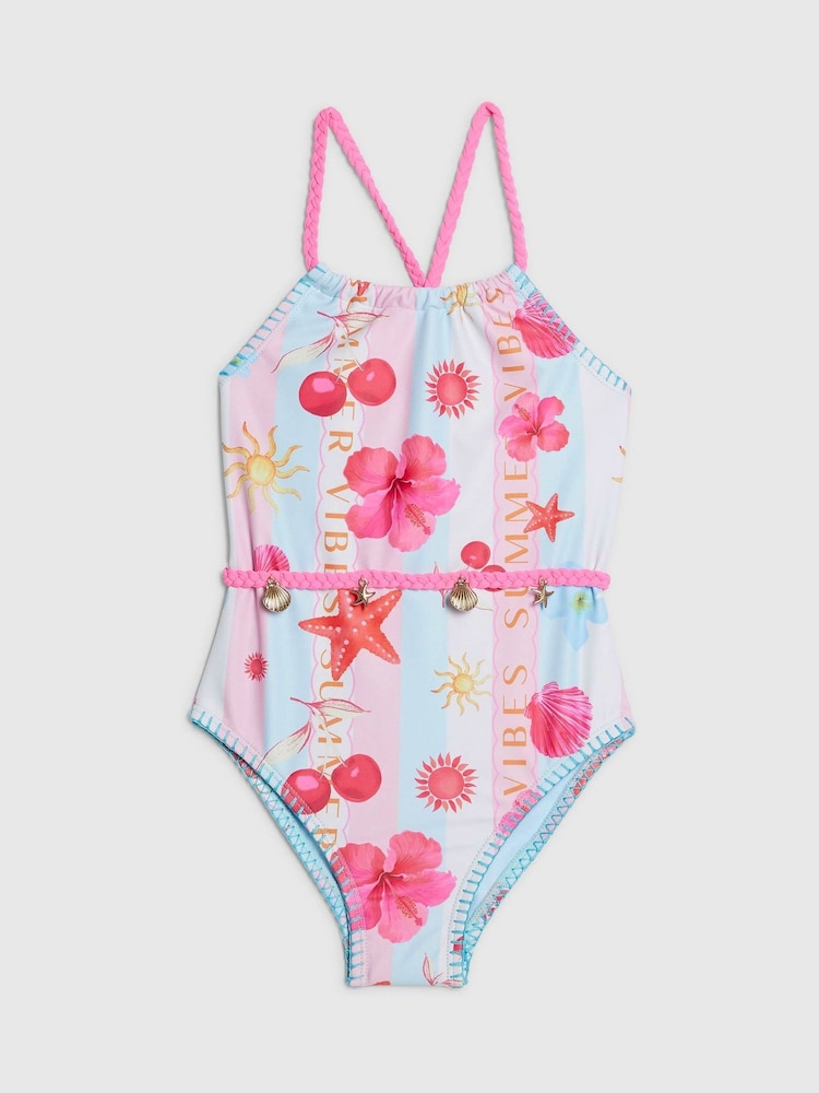 River Island Pink Stripe La Mer Swimsuit - Image 1 of 4