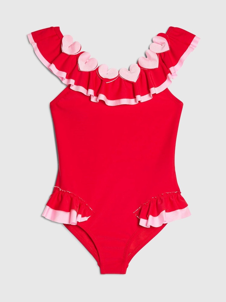 River Island Red Heart Frill Swimsuit - Image 1 of 4 River Island Red Heart Frill Swimsuit - Image 1 of 4