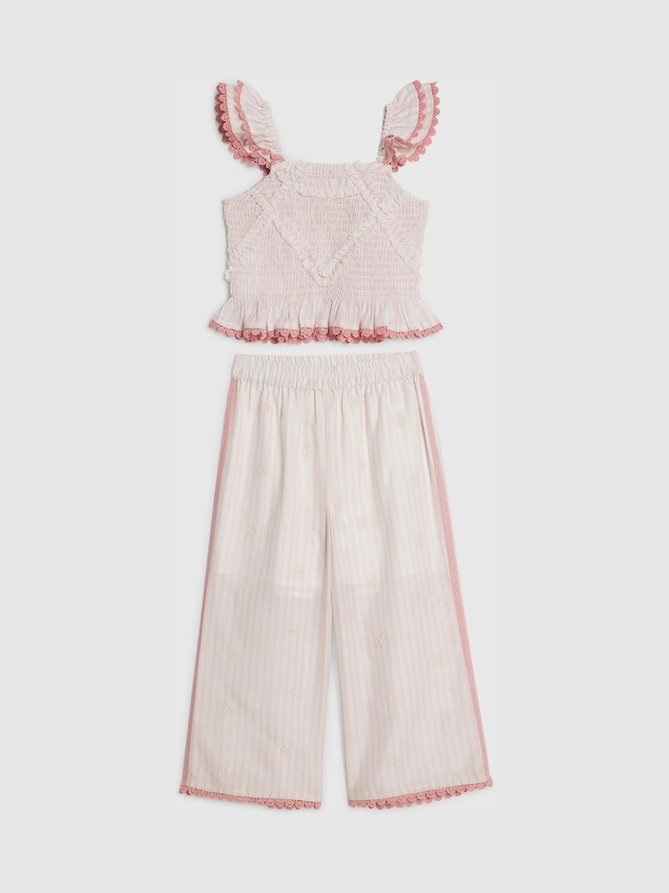River Island Pink Stripe Frill Top & Frill Trousers Set - Image 1 of 4
