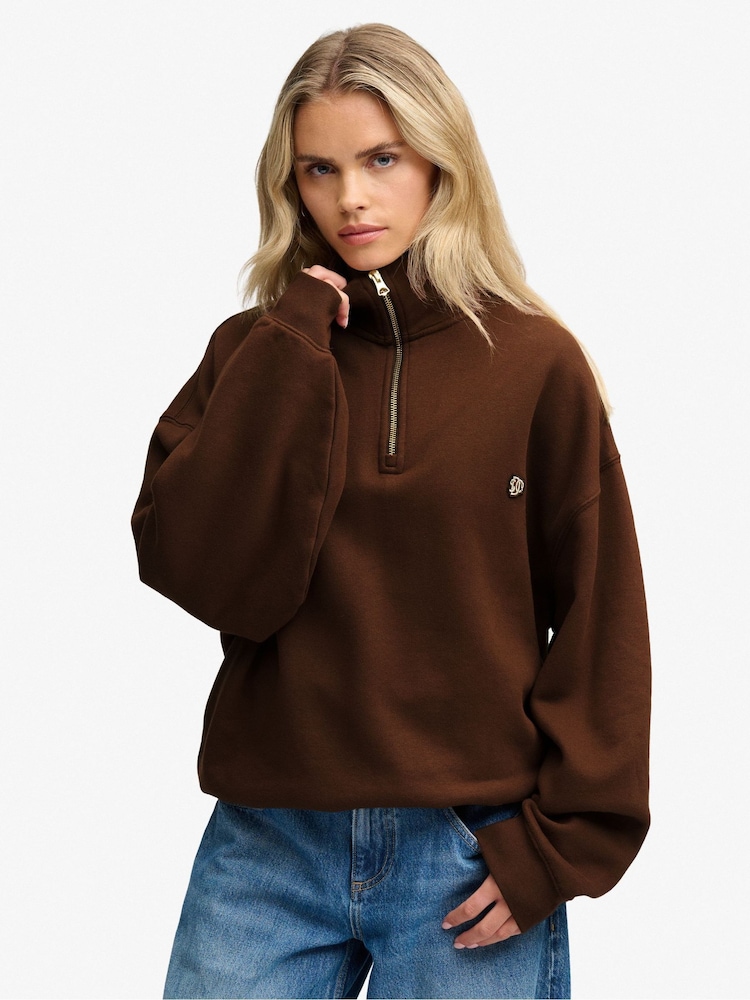 Superdry Brown Monogram Half Zip Sweat Top - Image 1 of 6