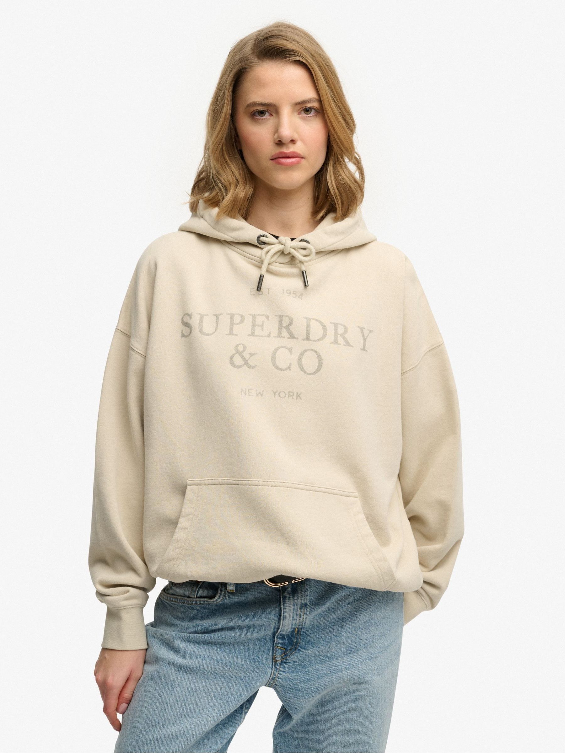 Superdry Women's Beige Hooded Sweatshirt Luxe Casual Relaxed - Image 2
