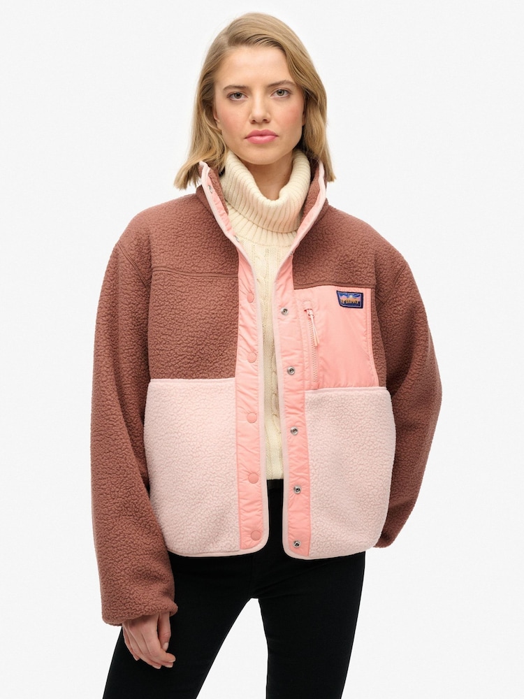 Superdry Pink & Brown Colour Block Fleece Jacket - Image 1 of 5