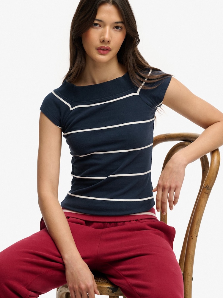 Superdry Blue Ath Off Shoulder Pattern Top - Image 1 of 7