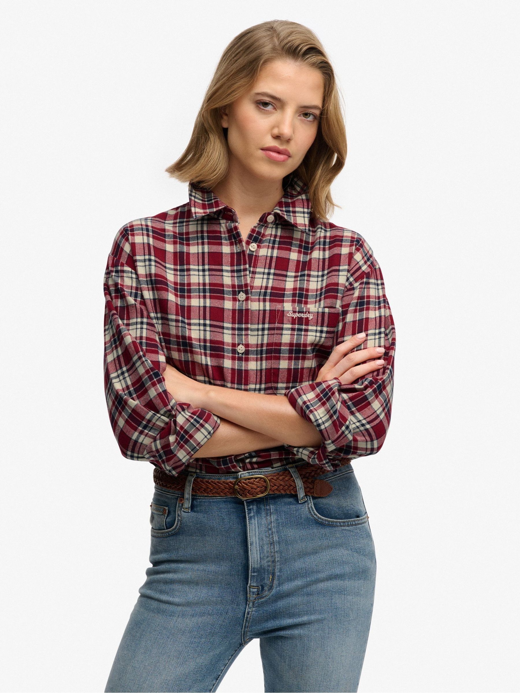 Superdry Women's Red ’S Long-Sleeve Flannel Checked Shirt - Image 2