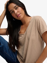 Superdry Beige Slub Embroidered V-Neck T-Shirt - Image 5 of 7