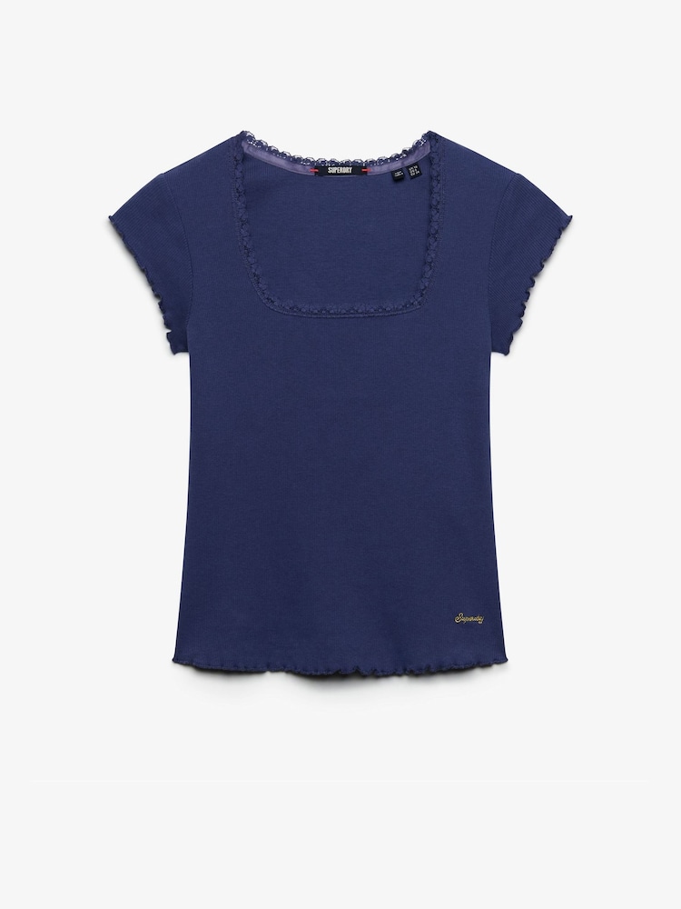 Superdry Blue Athletic Essential Square Neck T-Shirt - Image 1 of 2 Superdry Blue Athletic Essential Square Neck T-Shirt - Image 1 of 2