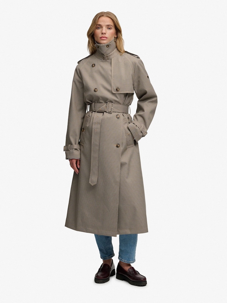 Superdry Brown Micro Check Trench Coat - Image 1 of 9 Superdry Brown Micro Check Trench Coat - Image 1 of 9