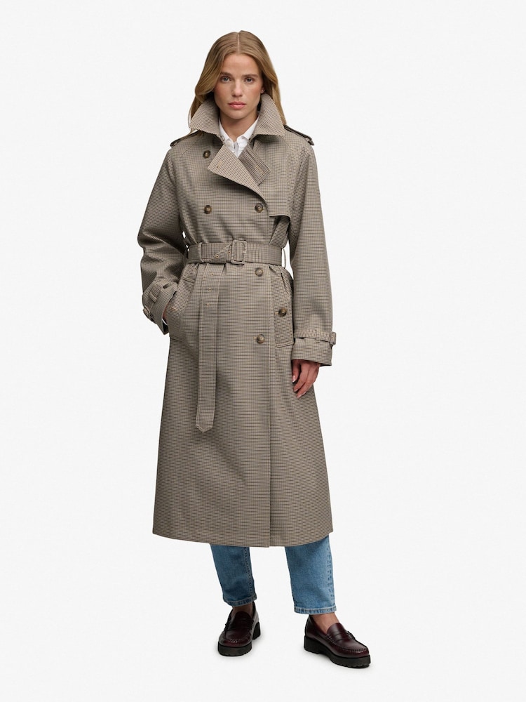 Superdry Brown Micro Check Trench Coat - Image 2 of 9 Superdry Brown Micro Check Trench Coat - Image 2 of 9