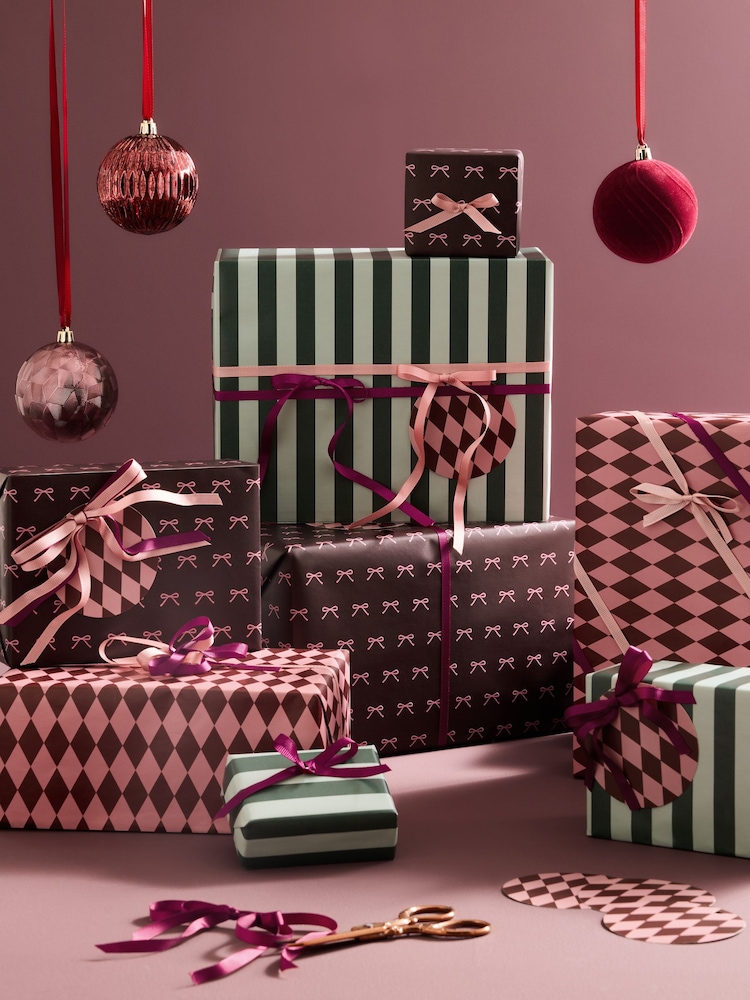 Set of 3 Pink Burgundy Red and Green Mixed Pattern Christmas Wrapping Paper Set of 3, 3m Gift Tags and Ribbons Set - Image 1 of 4 Set of 3 Pink Burgundy Red and Green Mixed Pattern Christmas Wrapping Paper Set of 3, 3m Gift Tags and Ribbons Set - Image 1 of 4