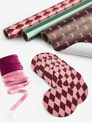 Set of 3 Pink Burgundy Red and Green Mixed Pattern Christmas Wrapping Paper Set of 3, 3m Gift Tags and Ribbons Set - Image 3 of 4