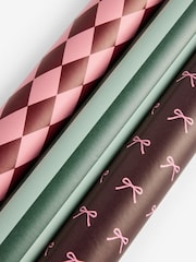 Set of 3 Pink Burgundy Red and Green Mixed Pattern Christmas Wrapping Paper Set of 3, 3m Gift Tags and Ribbons Set - Image 4 of 4