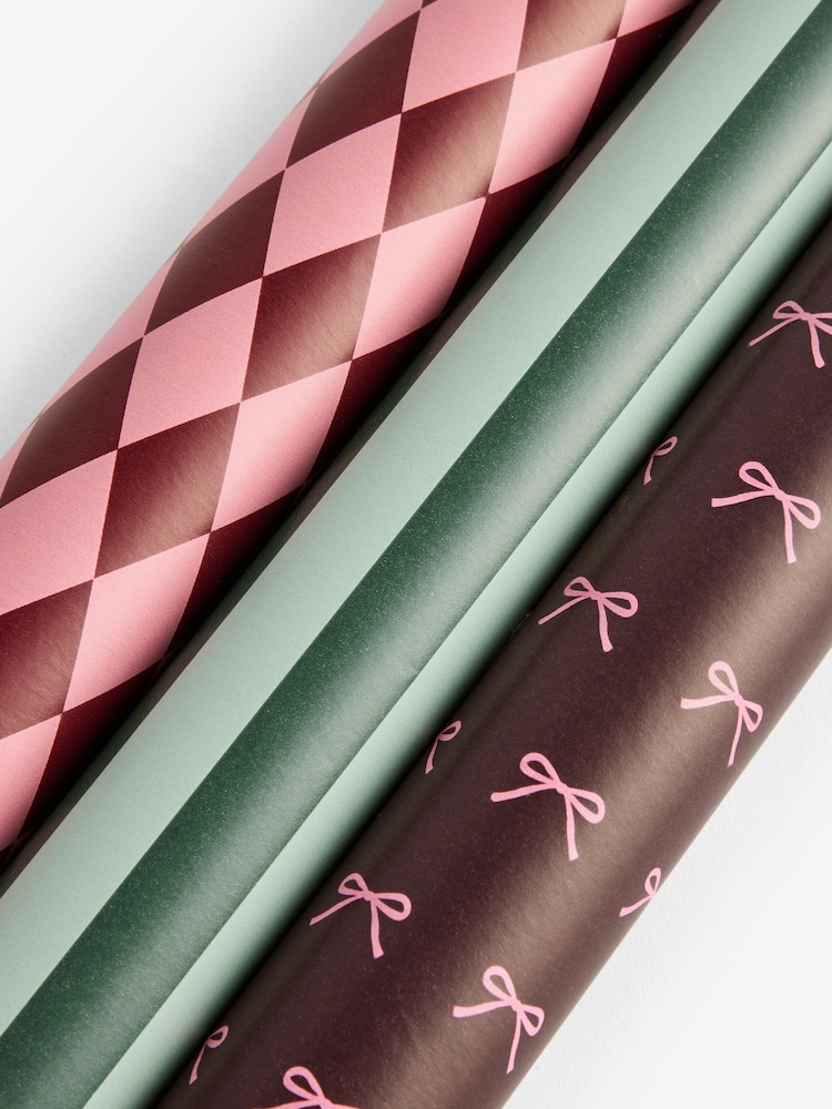 Set of 3 Pink Burgundy Red and Green Mixed Pattern Christmas Wrapping Paper Set of 3, 3m Gift Tags and Ribbons Set - Image 4 of 4 Set of 3 Pink Burgundy Red and Green Mixed Pattern Christmas Wrapping Paper Set of 3, 3m Gift Tags and Ribbons Set - Image 4 of 4