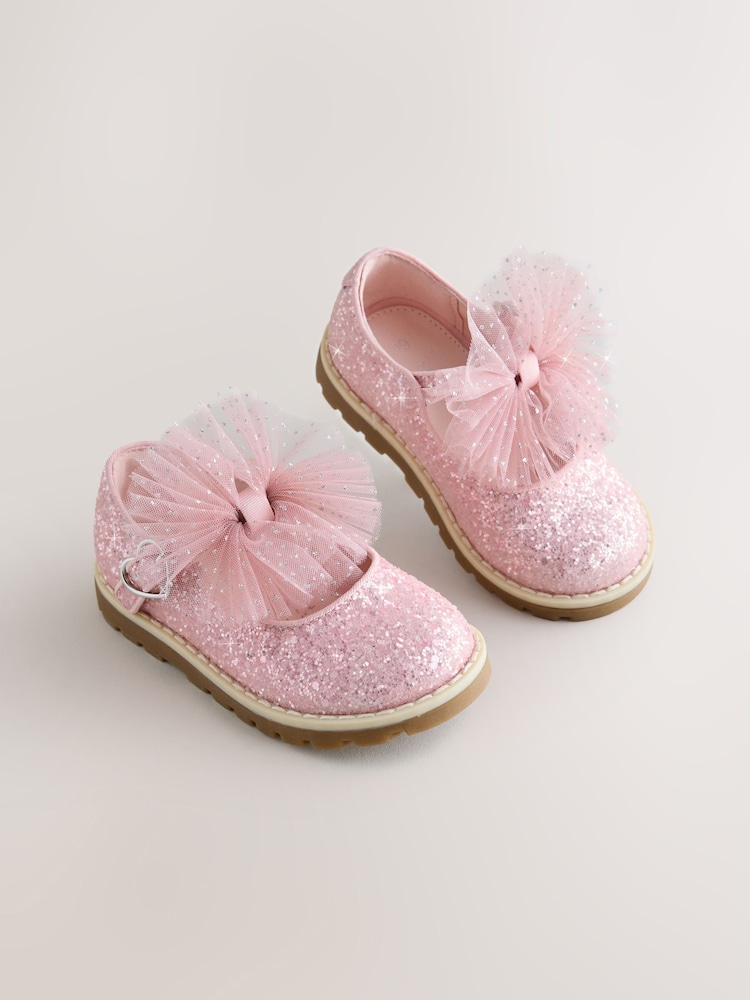 Pink Glitter Wide Fit (G) Chunky Bow Mary Jane Shoes - Image 1 of 6