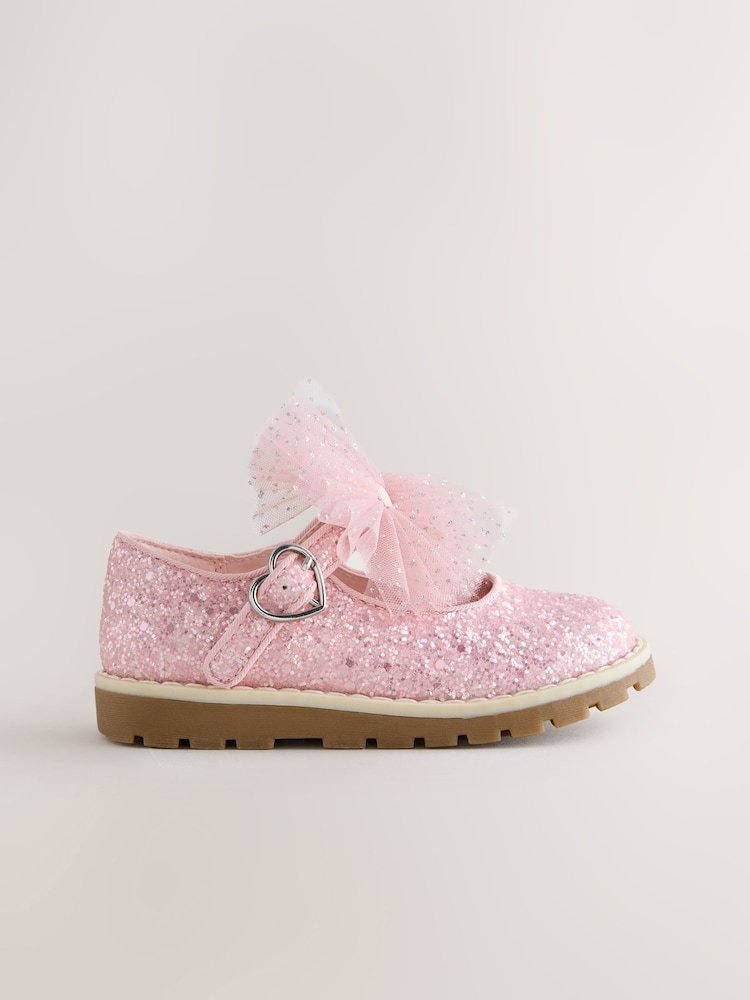 Pink Glitter Wide Fit (G) Chunky Bow Mary Jane Shoes - Image 2 of 6