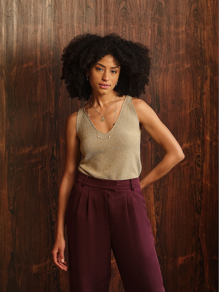 FatFace Evelyn Gold Metallic Knit Vest Top - Image 1 of 7