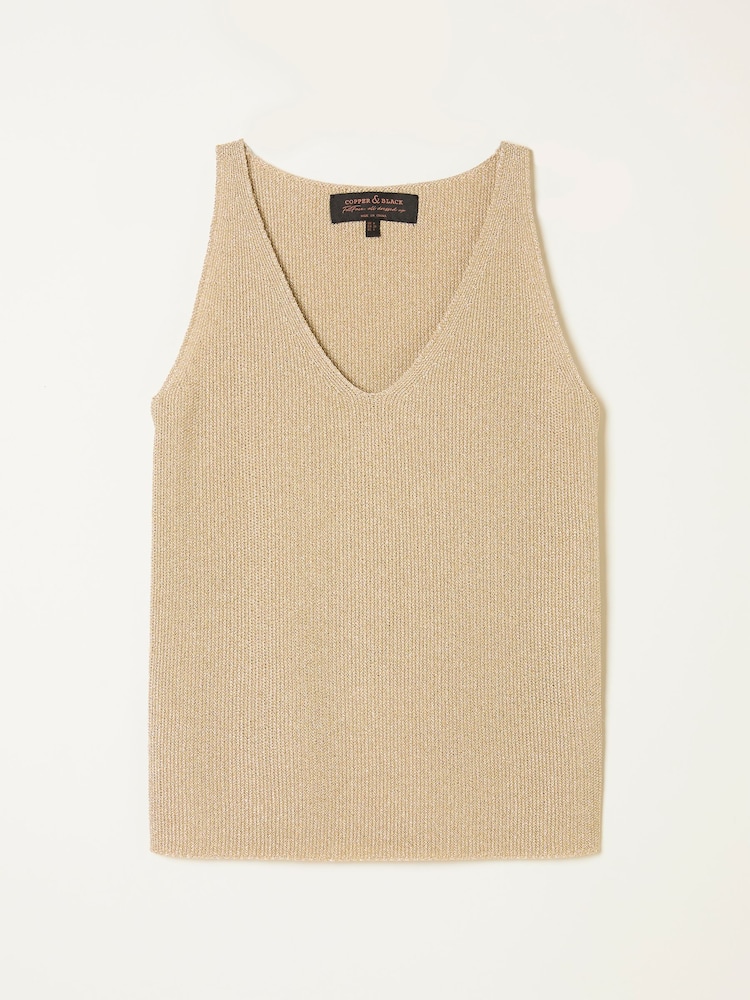 FatFace Evelyn Gold Metallic Knit Vest Top - Image 7 of 7
