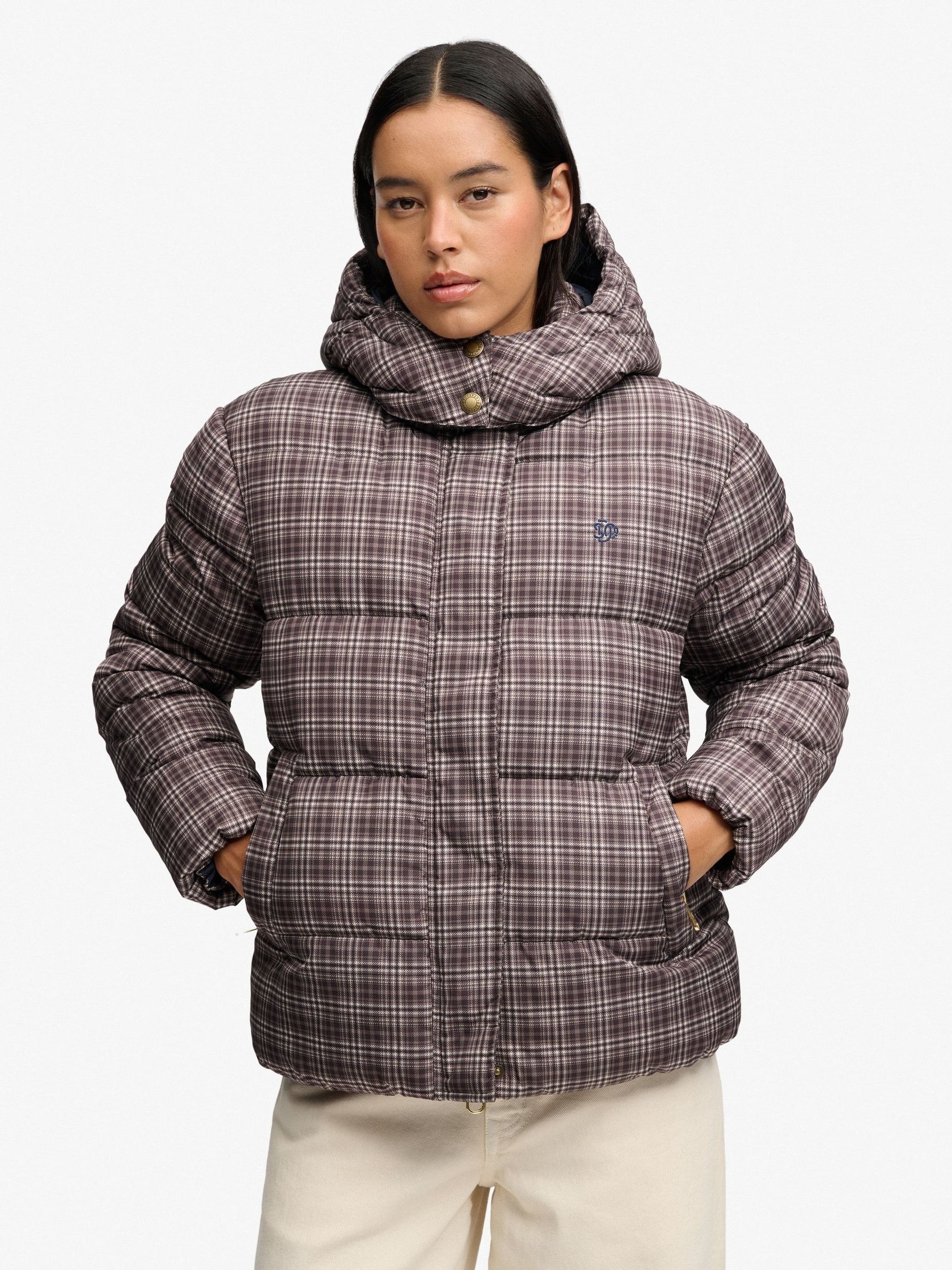 Superdry Women's Marron Checked Printed Down Jacket For Premium - Image 3