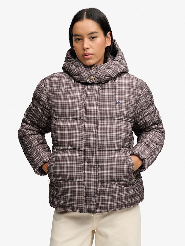 Superdry Brown Premium Printed Check Puffer Jacket - Image 1 of 7