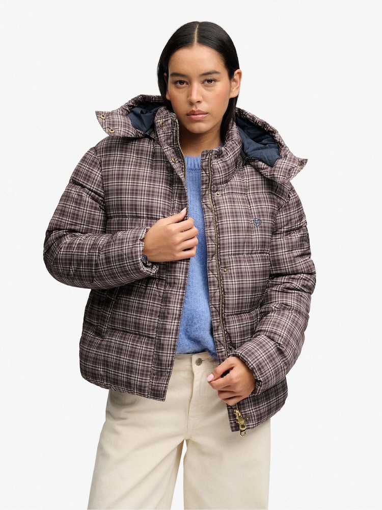 Superdry Brown Premium Printed Check Puffer Jacket - Image 2 of 7