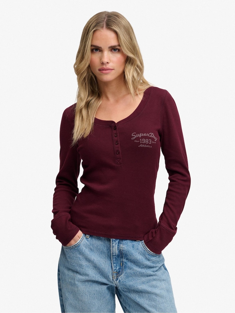 Superdry Red Athletic Button Down Top - Image 1 of 7 Superdry Red Athletic Button Down Top - Image 1 of 7