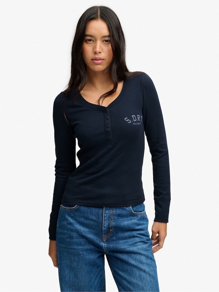 Superdry Blue Athletic Button Down Top - Image 1 of 7 Superdry Blue Athletic Button Down Top - Image 1 of 7