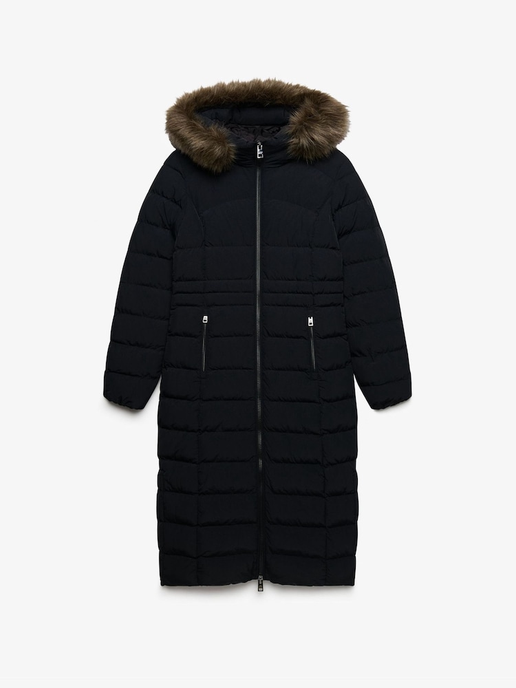 Superdry Black Hooded Faux Fur Fuji Longline Jacket - Image 1 of 2