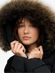 Superdry Black Hooded Faux Fur Fuji Longline Jacket - Image 7 of 9