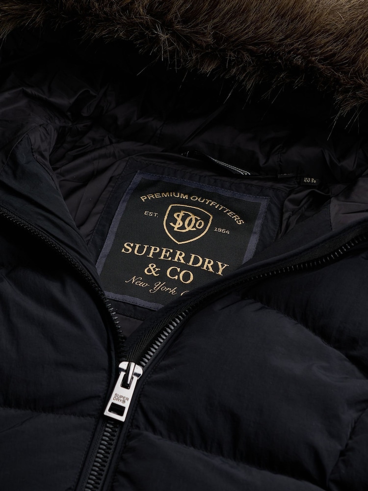 Superdry Black Hooded Faux Fur Fuji Longline Jacket - Image 9 of 9