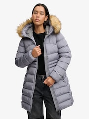 Superdry Grey Hood Faux Fur Fuji Mid Length Jacket - Image 1 of 6
