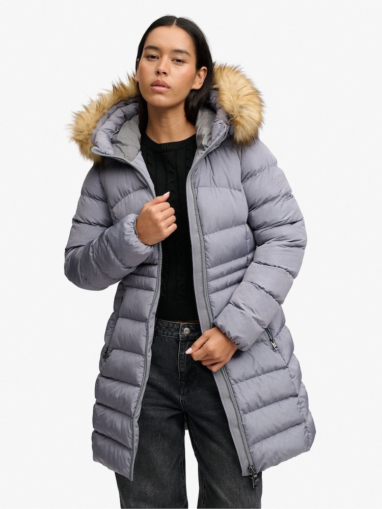 Superdry Grey Hood Faux Fur Fuji Mid Length Jacket - Image 1 of 6