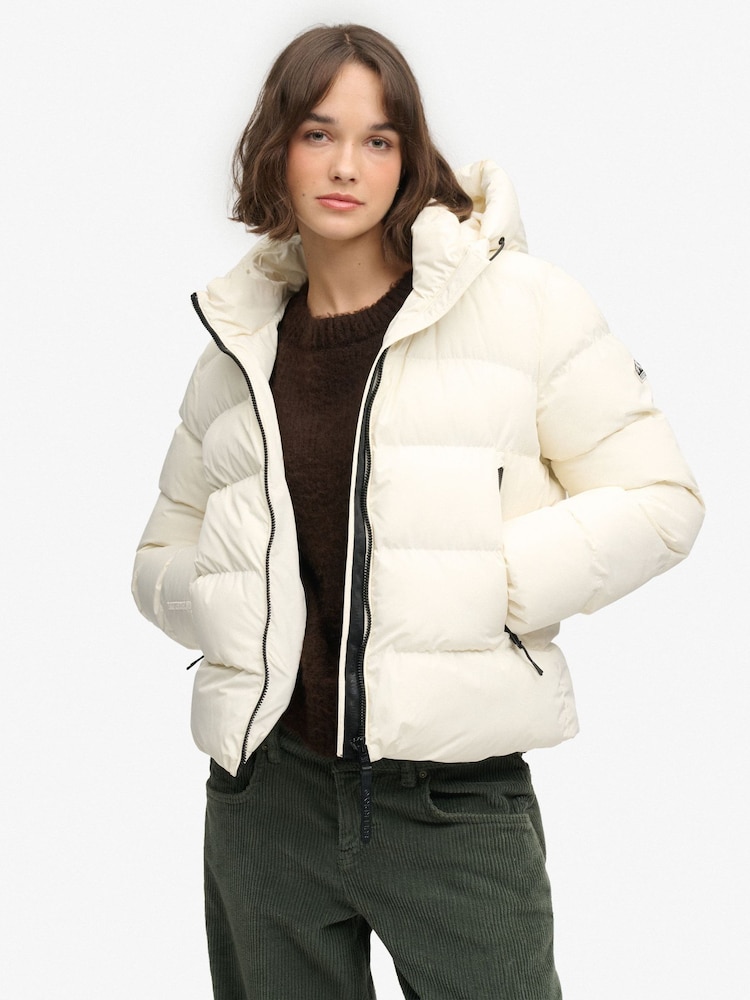 Superdry White Hooded Sports Puffer Jacket - Image 1 of 7 Superdry White Hooded Sports Puffer Jacket - Image 1 of 7