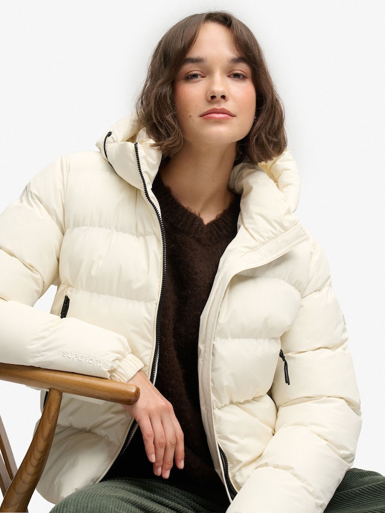 Superdry White Hooded Sports Puffer Jacket - Image 2 of 7 Superdry White Hooded Sports Puffer Jacket - Image 2 of 7
