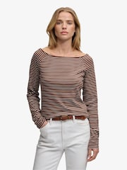 Superdry Brown Stripe Bardot Off Shoulder Top - Image 1 of 7