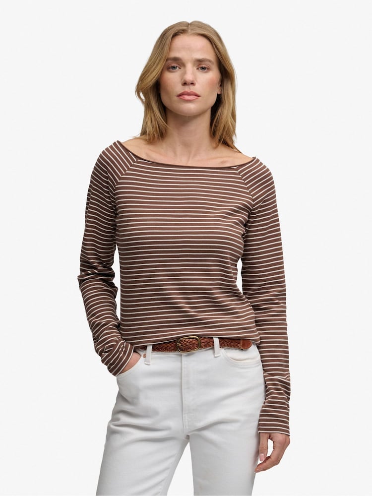 Superdry Brown Stripe Bardot Off Shoulder Top - Image 1 of 7 Superdry Brown Stripe Bardot Off Shoulder Top - Image 1 of 7