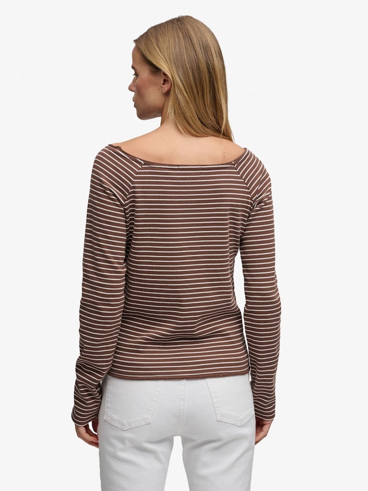 Superdry Brown Stripe Bardot Off Shoulder Top - Image 2 of 7 Superdry Brown Stripe Bardot Off Shoulder Top - Image 2 of 7