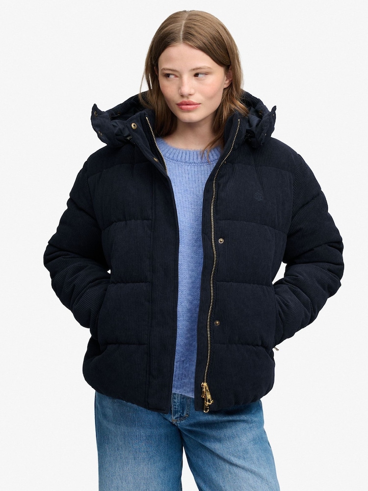 Superdry Blue Premium Hood Cord Puffer Jacket - Image 1 of 5