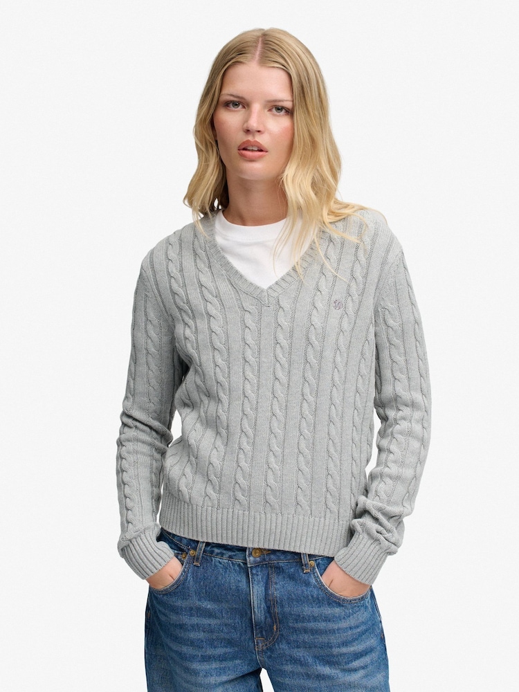 Superdry Grey Washed V-Neck Cable Jumper - Image 1 of 3