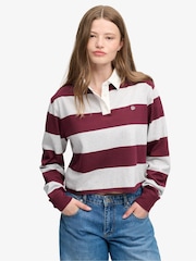 Superdry Maroon Red Ath Ess Cropped Stripe Rugby Shirt - Image 1 of 5