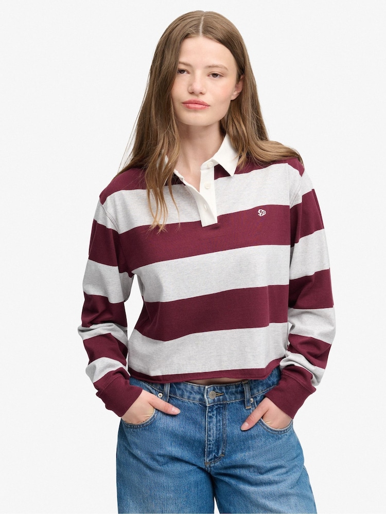 Superdry Maroon Red Ath Ess Cropped Stripe Rugby Shirt - Image 1 of 5