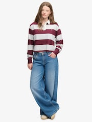 Superdry Maroon Red Ath Ess Cropped Stripe Rugby Shirt - Image 3 of 5