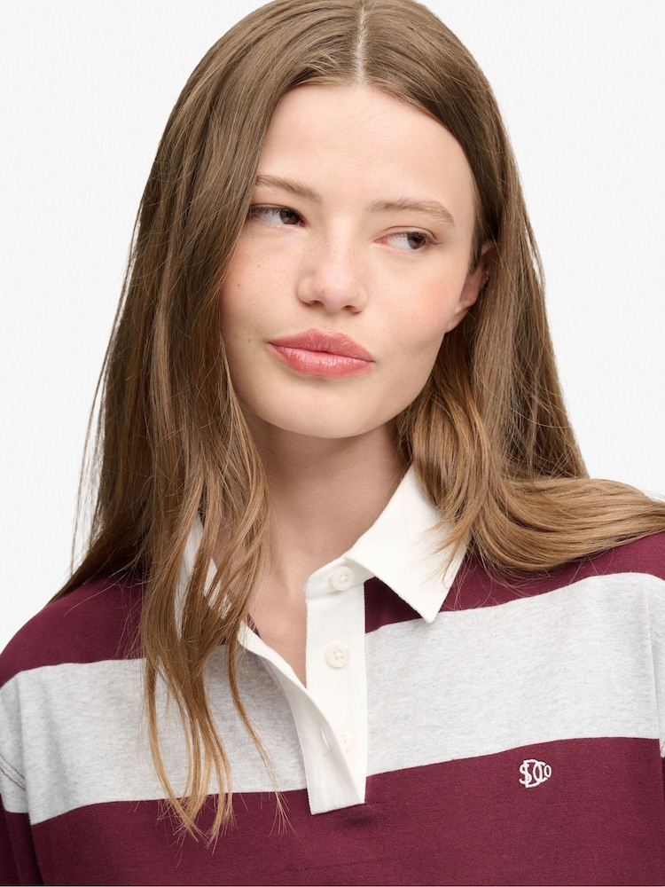 Superdry Maroon Red Ath Ess Cropped Stripe Rugby Shirt - Image 5 of 5
